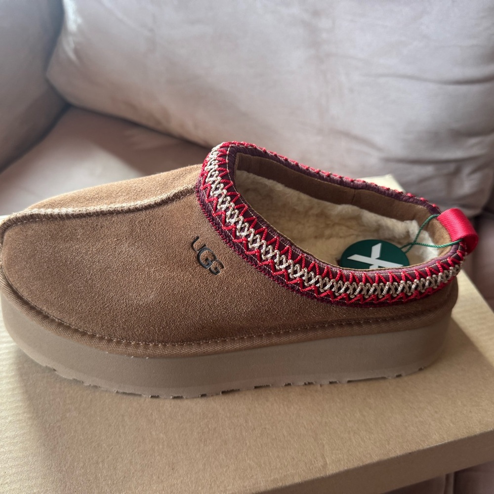 UGG Tan Slippers with Purple and Red Accents